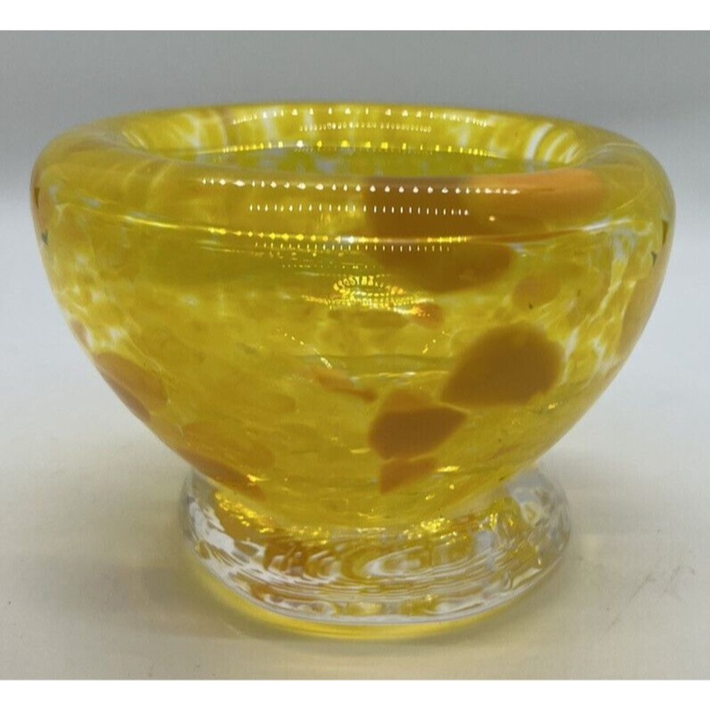 handmade Hand Blown Art Glass Candle Holder yellow bowl art unique small gift 3"